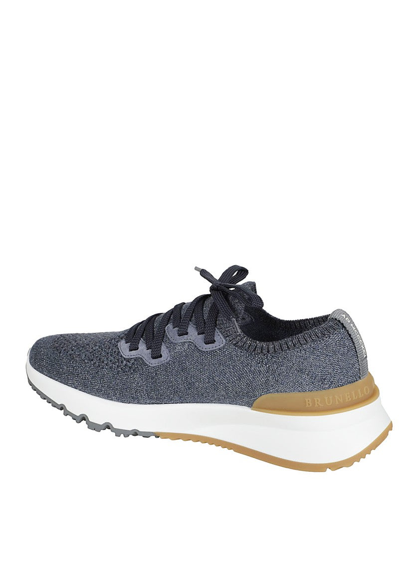 Deep Blue Stretch-Knit Low-Top Sneakers With Logo Accents