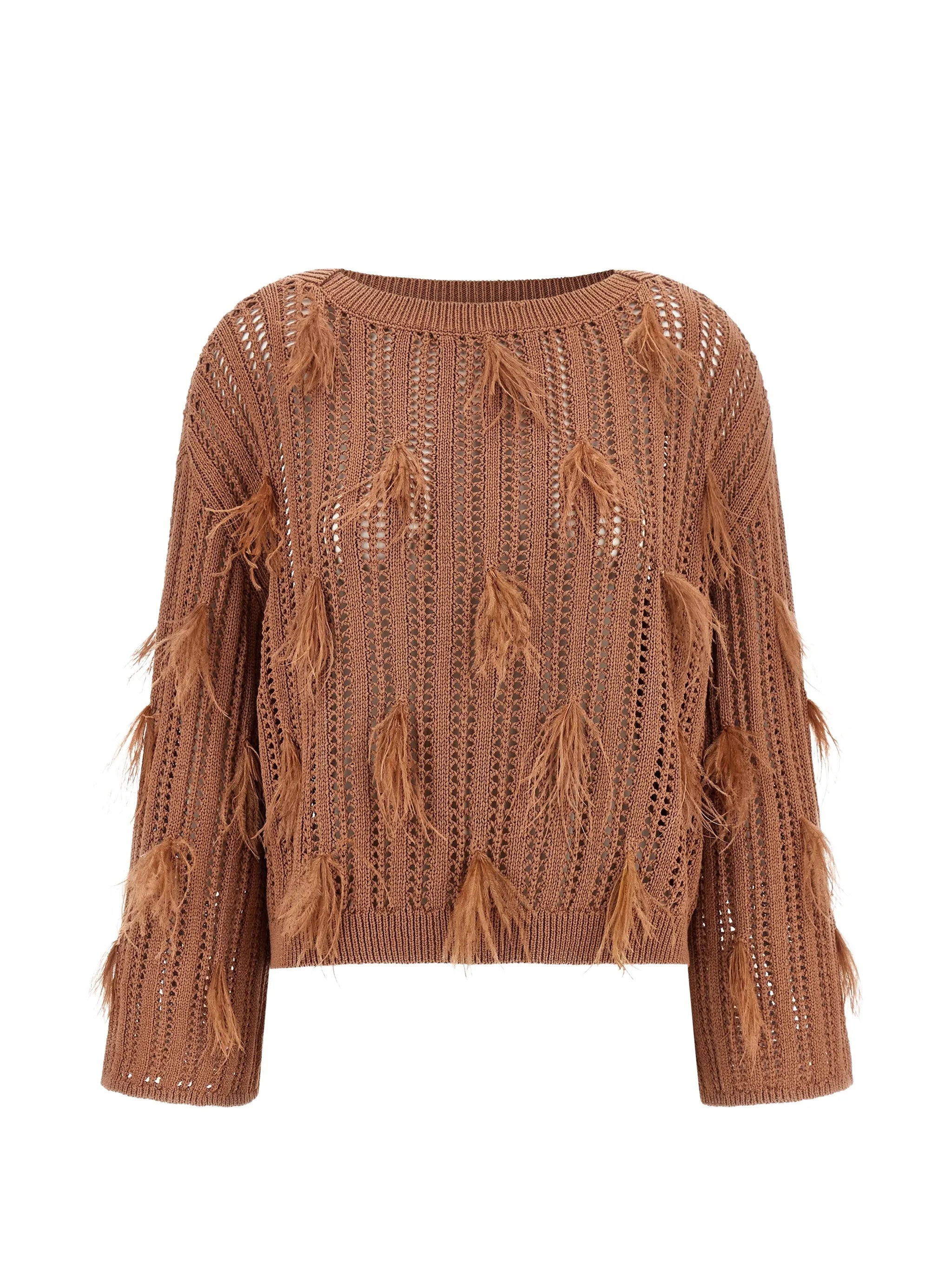Brown Cropped Openwork Knit Sweater