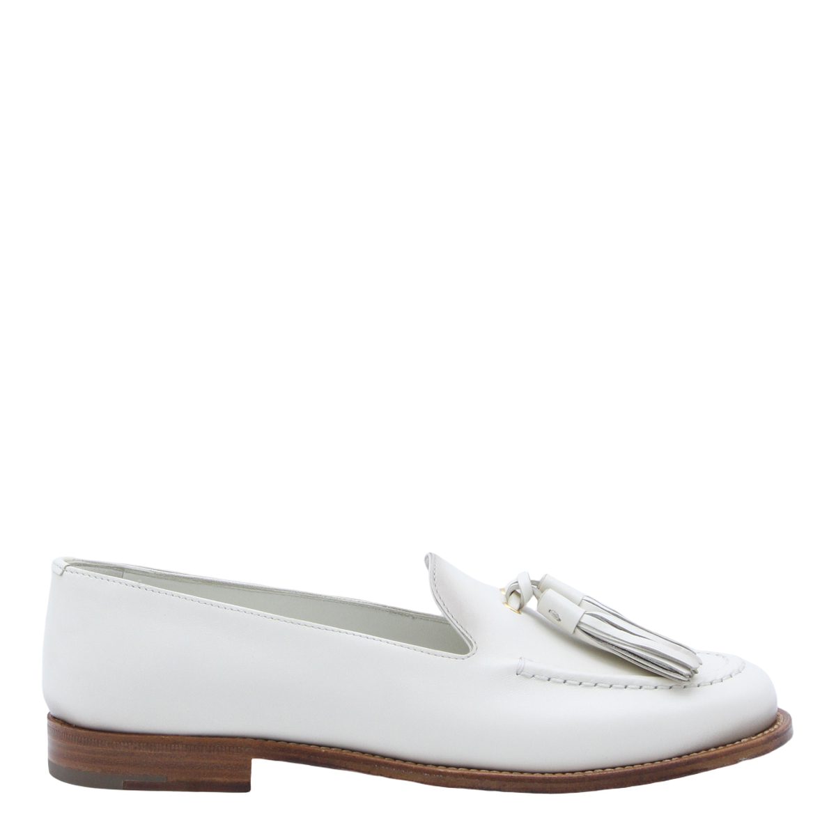 White Leather Loafer Flats With Decorative Tassels