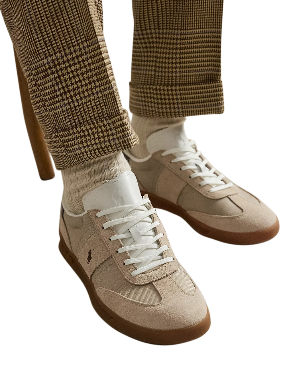 Beige Low-Top Sneakers with Suede and Mesh Panels