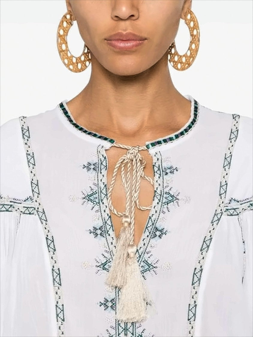 Relaxed-Fit White Shirt with Embroidery and Tassel Tie