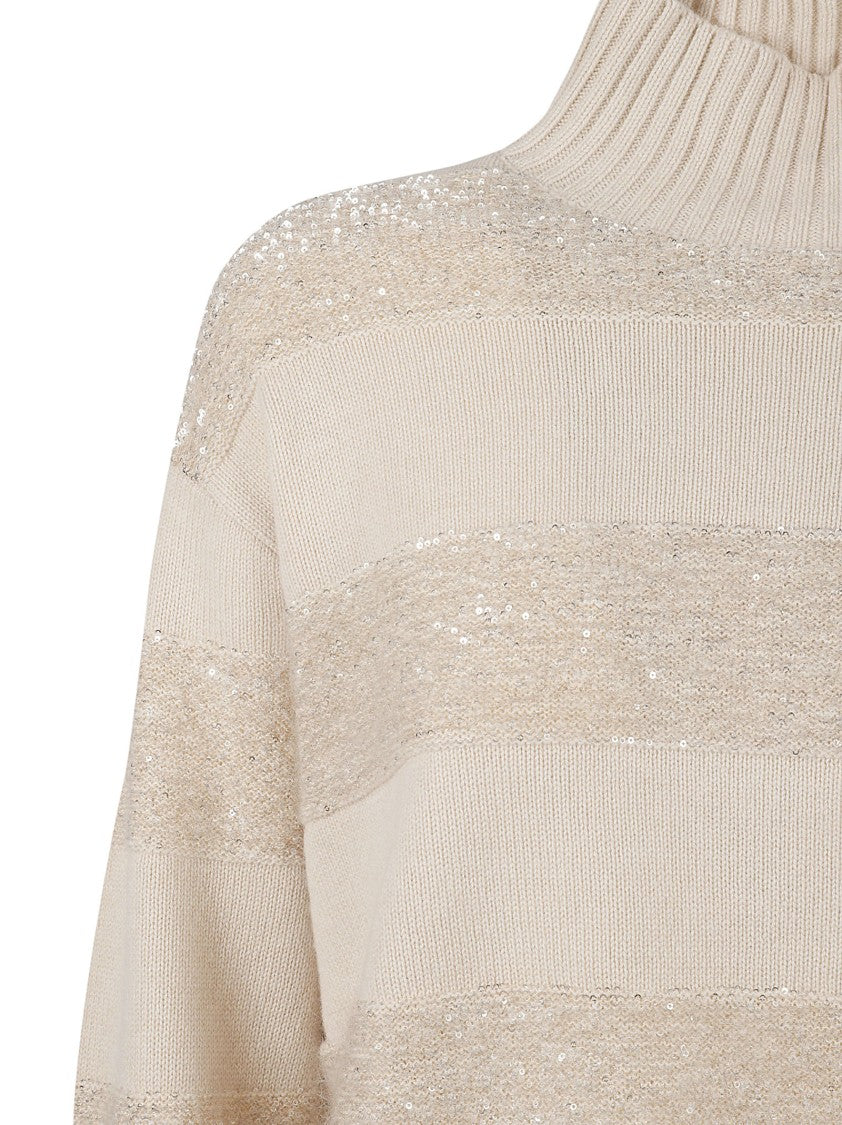 High-Neck Knit Sweater With Textured Stripes