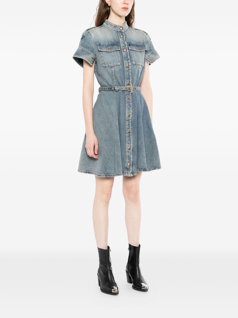 Faded Denim Mini Dress with Gold-tone Accents