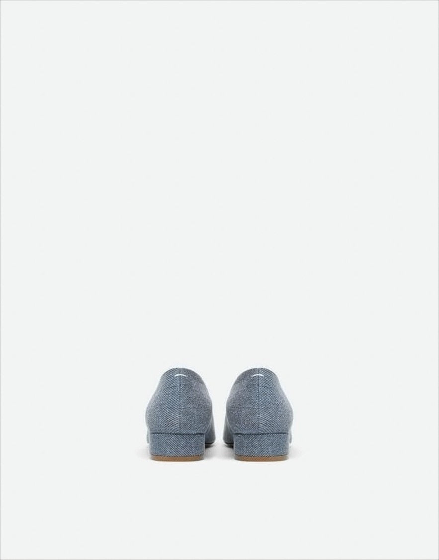 Textured Denim Pointed-Toe Pumps With Low Block Heel