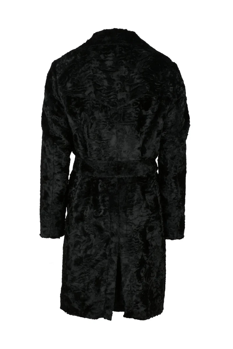 Double-Breasted Faux Fur Coat - Black