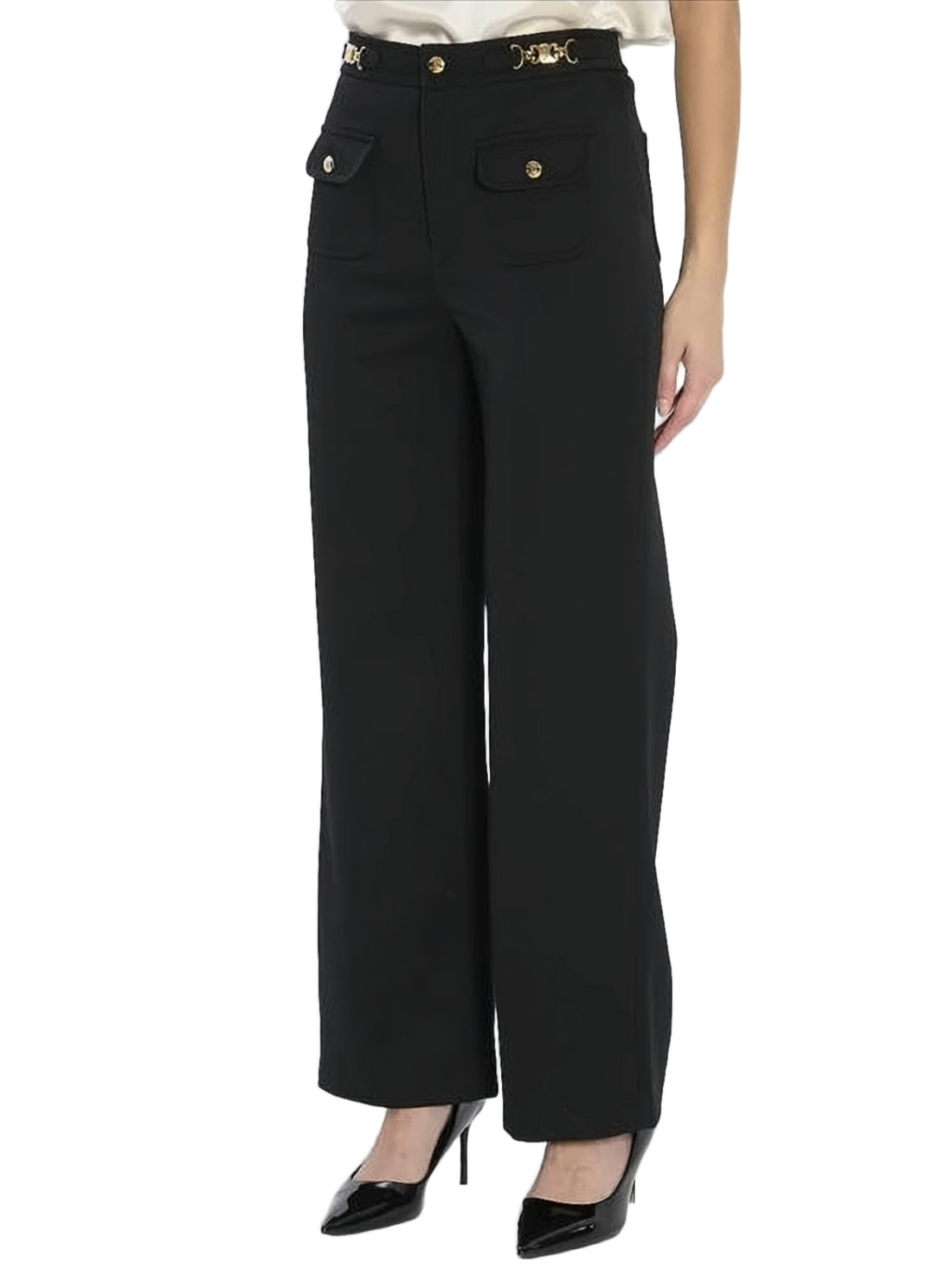High-Waisted Tailored Suit Pants with Decorative Gold Buttons