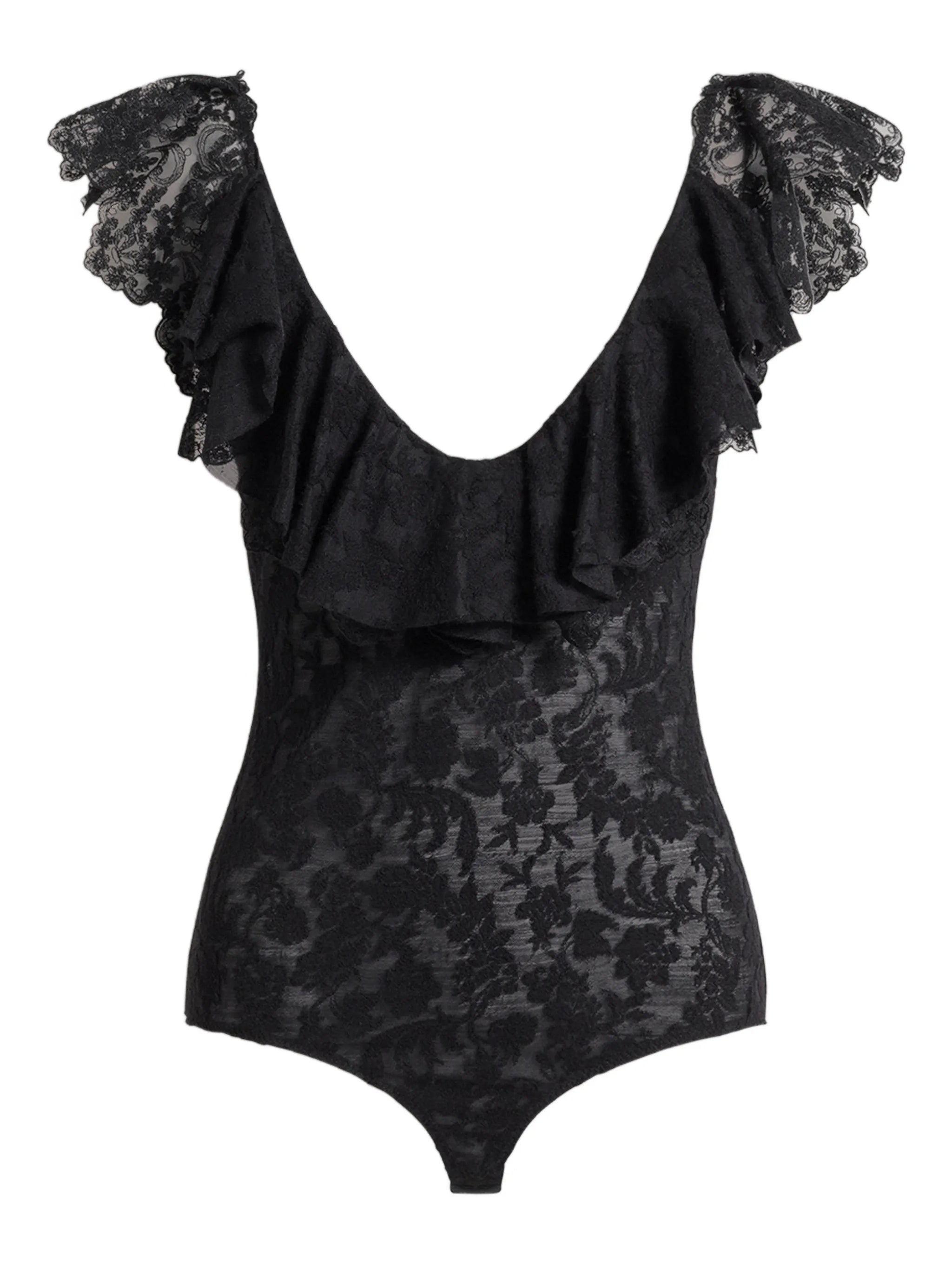 Black Body Fitted Lace Wool Bodysuit