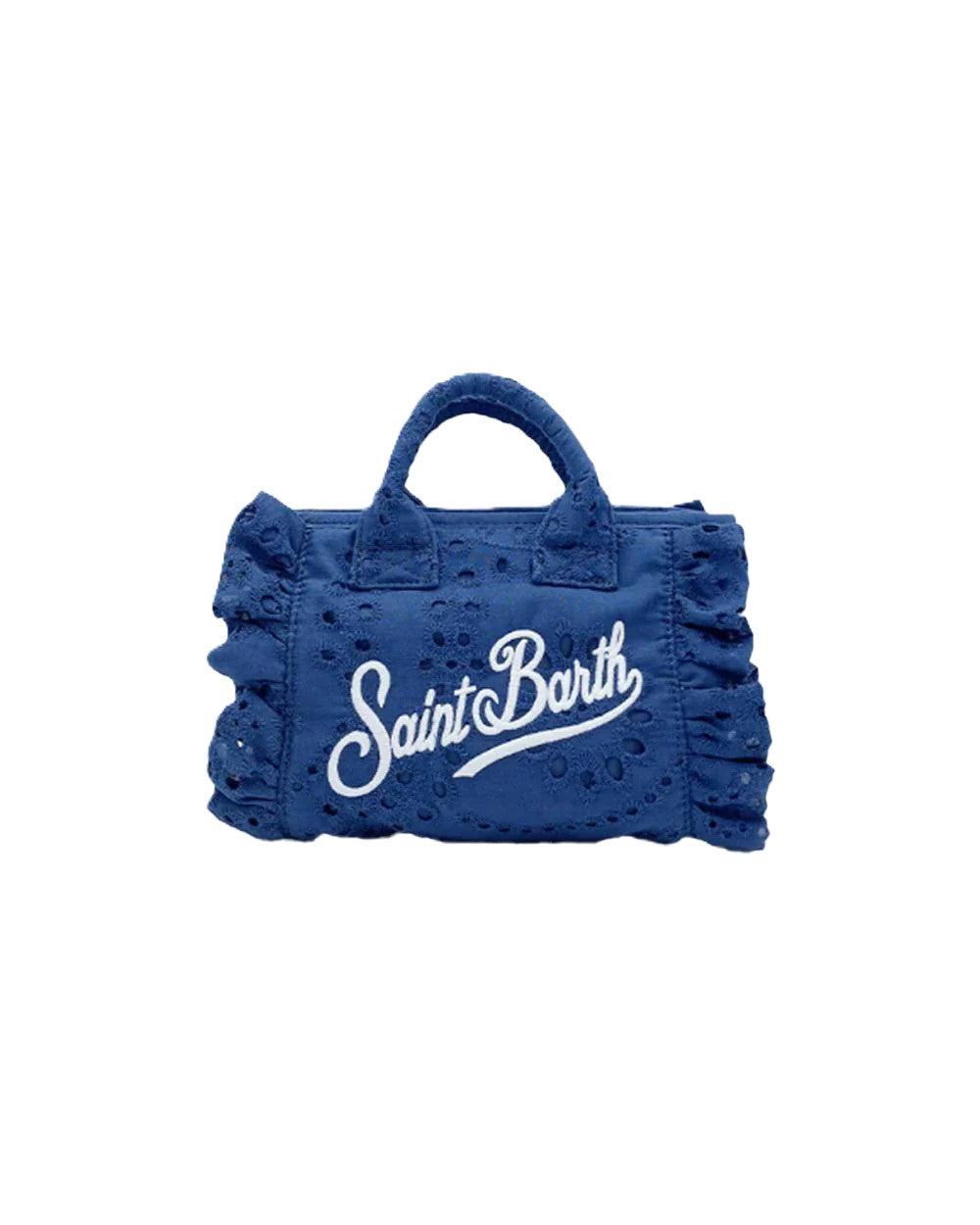 Rectangular Handbag with Eyelet Embroidery and Ruffled Edges