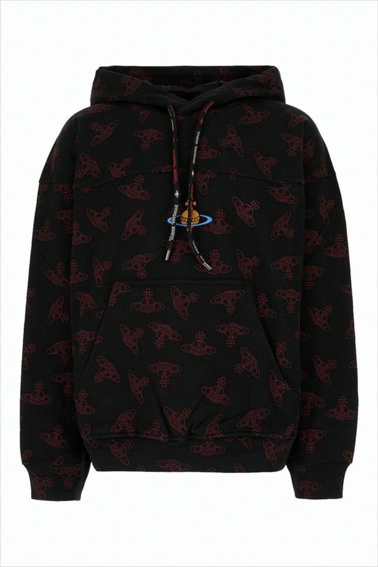 Distinctive Orb Motif Black Hoodie with Embroidered Emblem