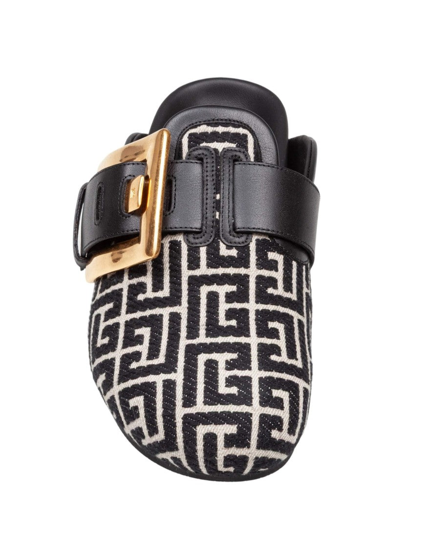 Flat Mule In Jacquard Canvas Black And Ivory