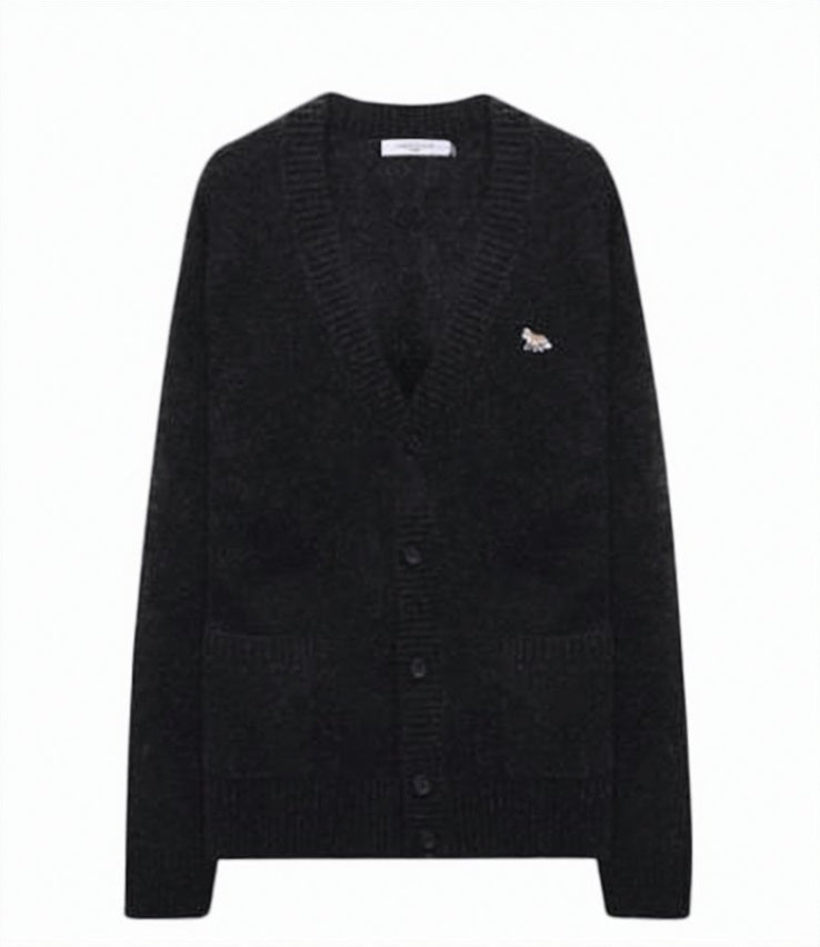 Dark Gray Wool Cardigan With V-Neckline And Embroidered Fox Logo