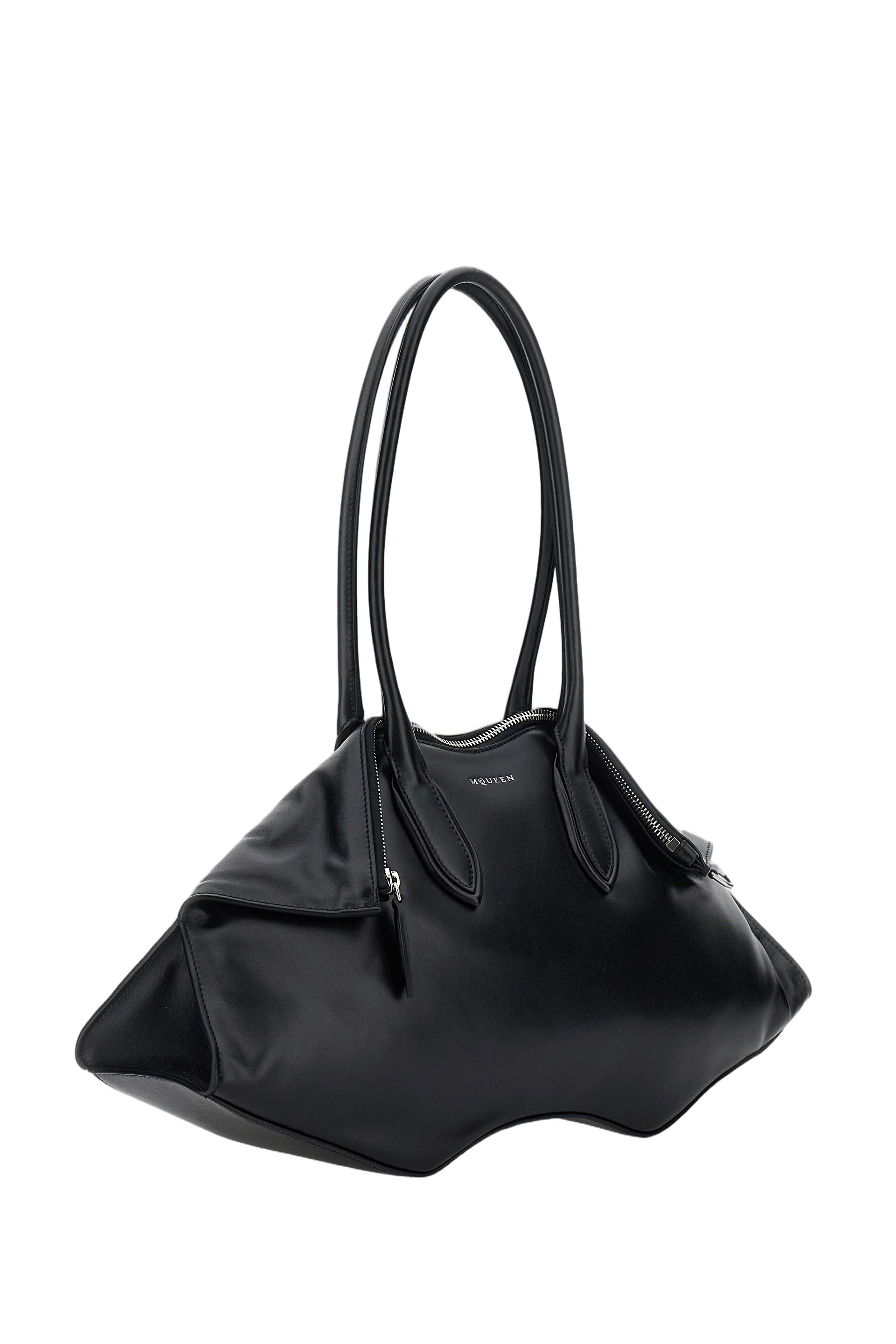 Elongated Leather Shoulder Bag with Double Tubular Handles