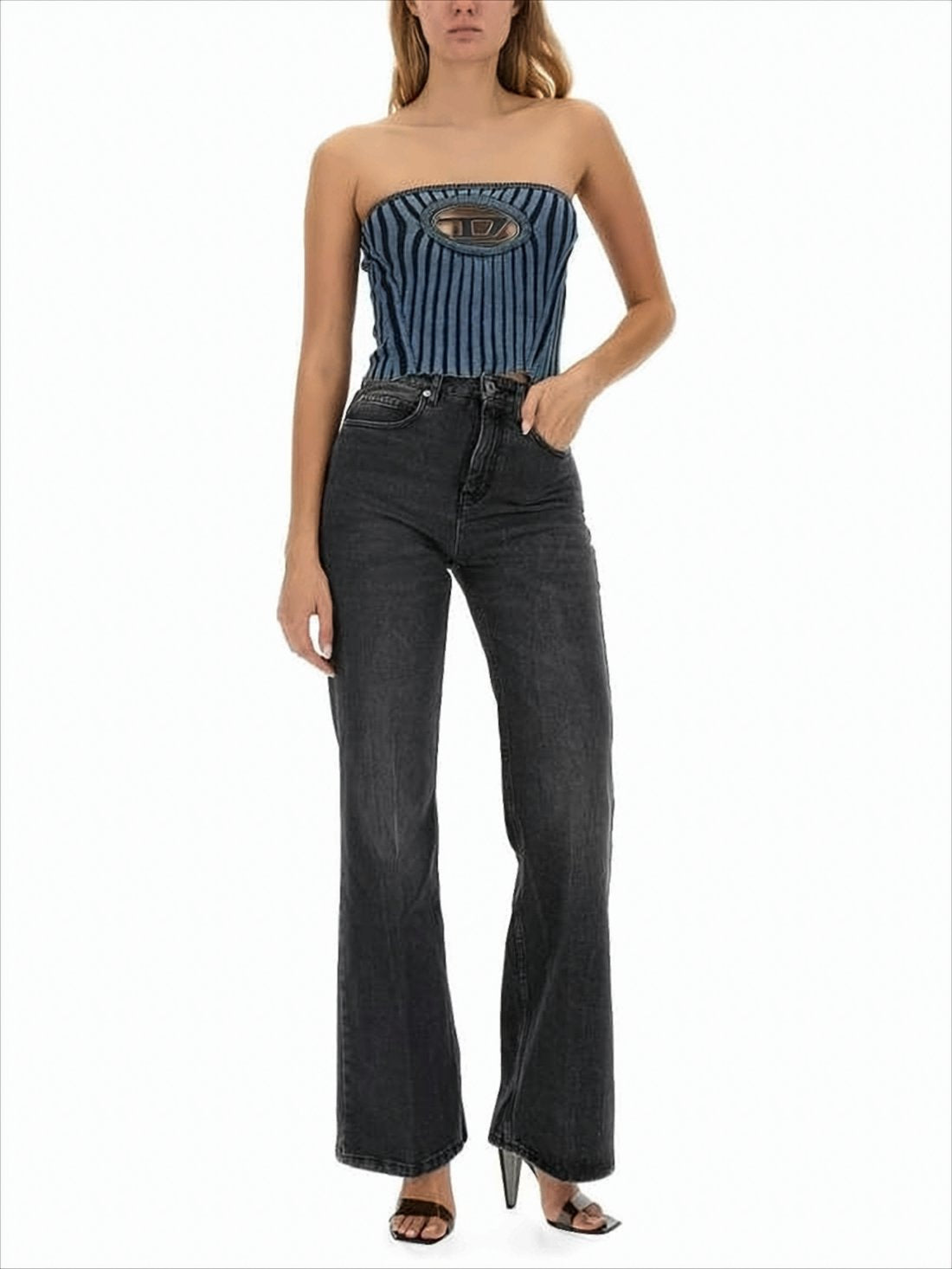 Strapless Ribbed Knit Top with Cutout
