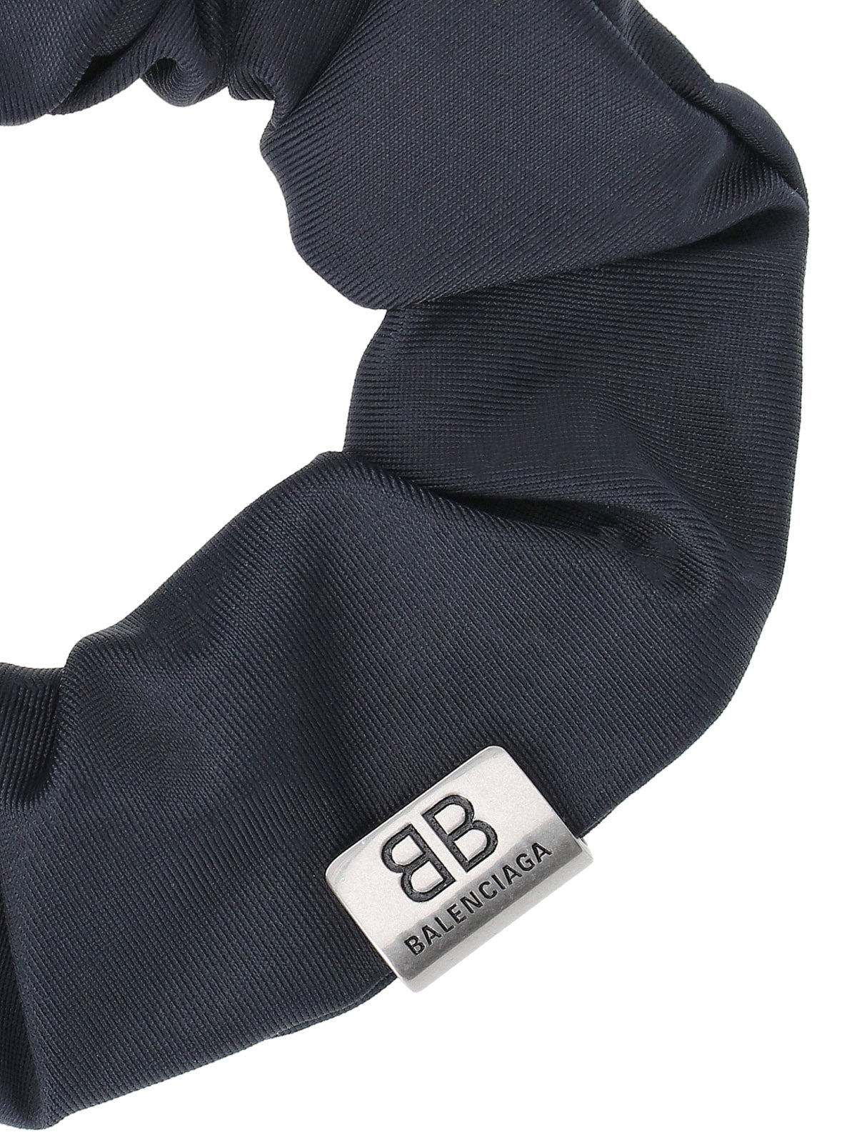 Gathered Black Fabric Scrunchie with Silver Logo Tag