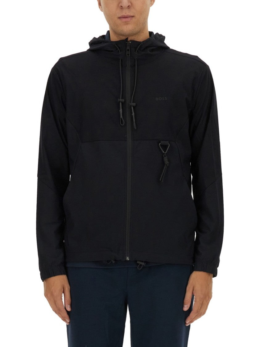 Zip-Up Black Technical Fabric Hooded Sweatshirt