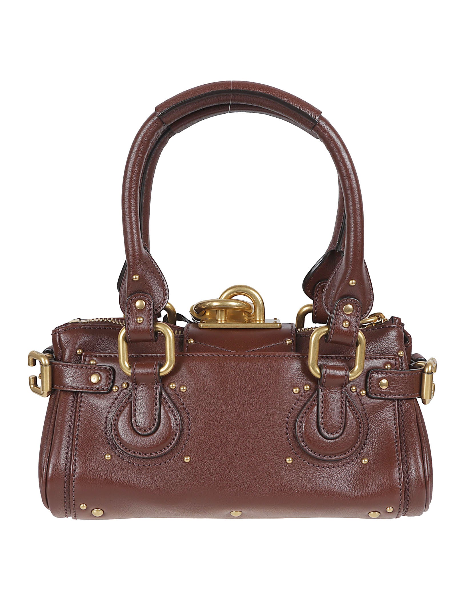 Textured Buffalo Leather Bag with Gold-tone Studs and Padlock Detail