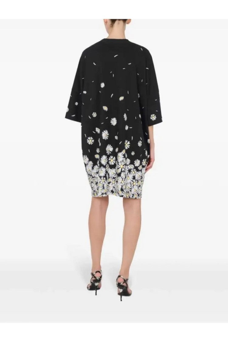 Floral-Print Black Cotton Dress With Relaxed Silhouette