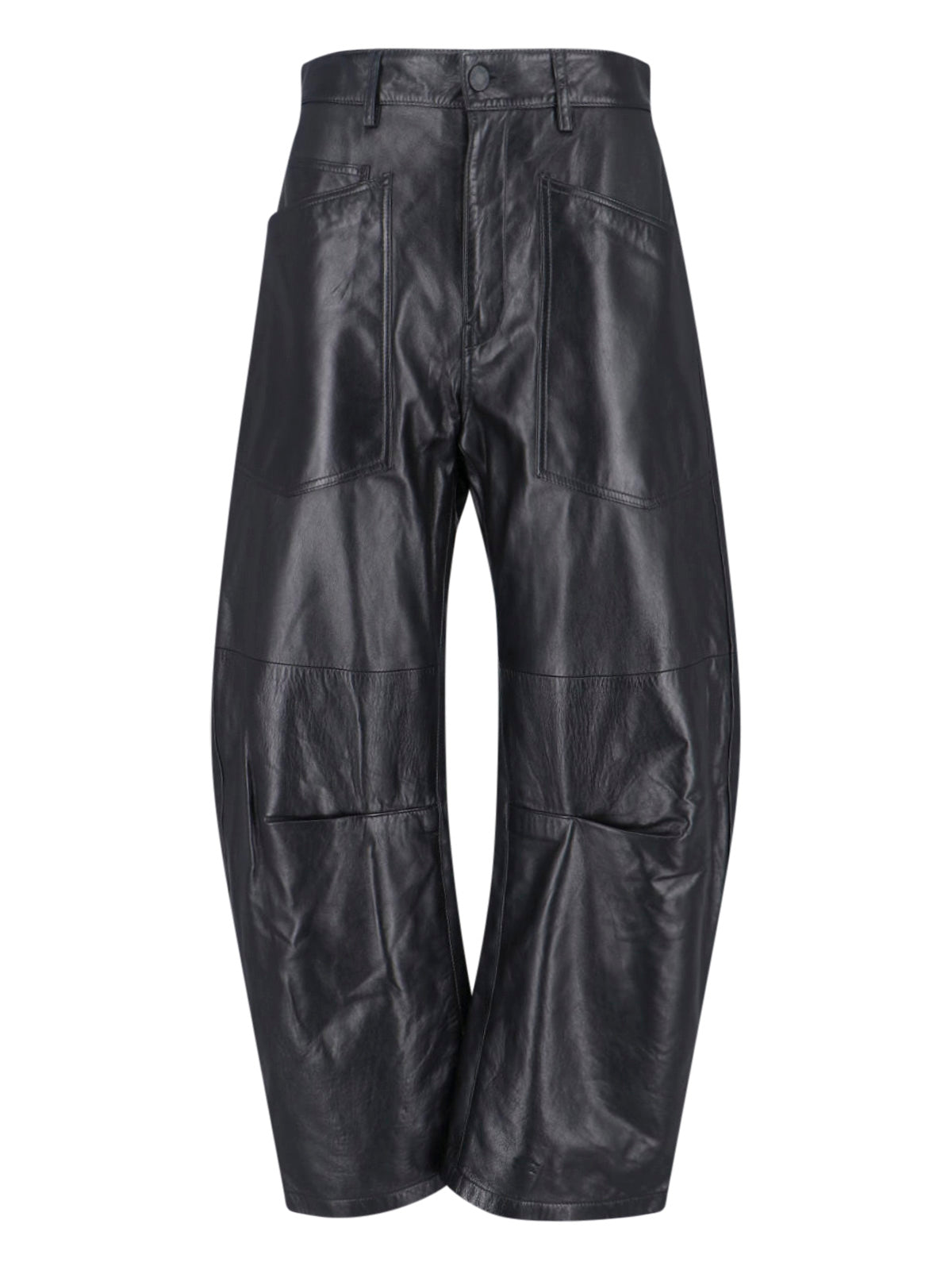 "Shon" Leather Trousers, Black, Mid-Rise, Belt Loops, Button
