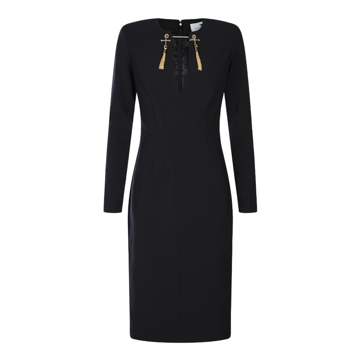 Fitted Black Midi Dress With Gold-Tone Hardware And Back Slit