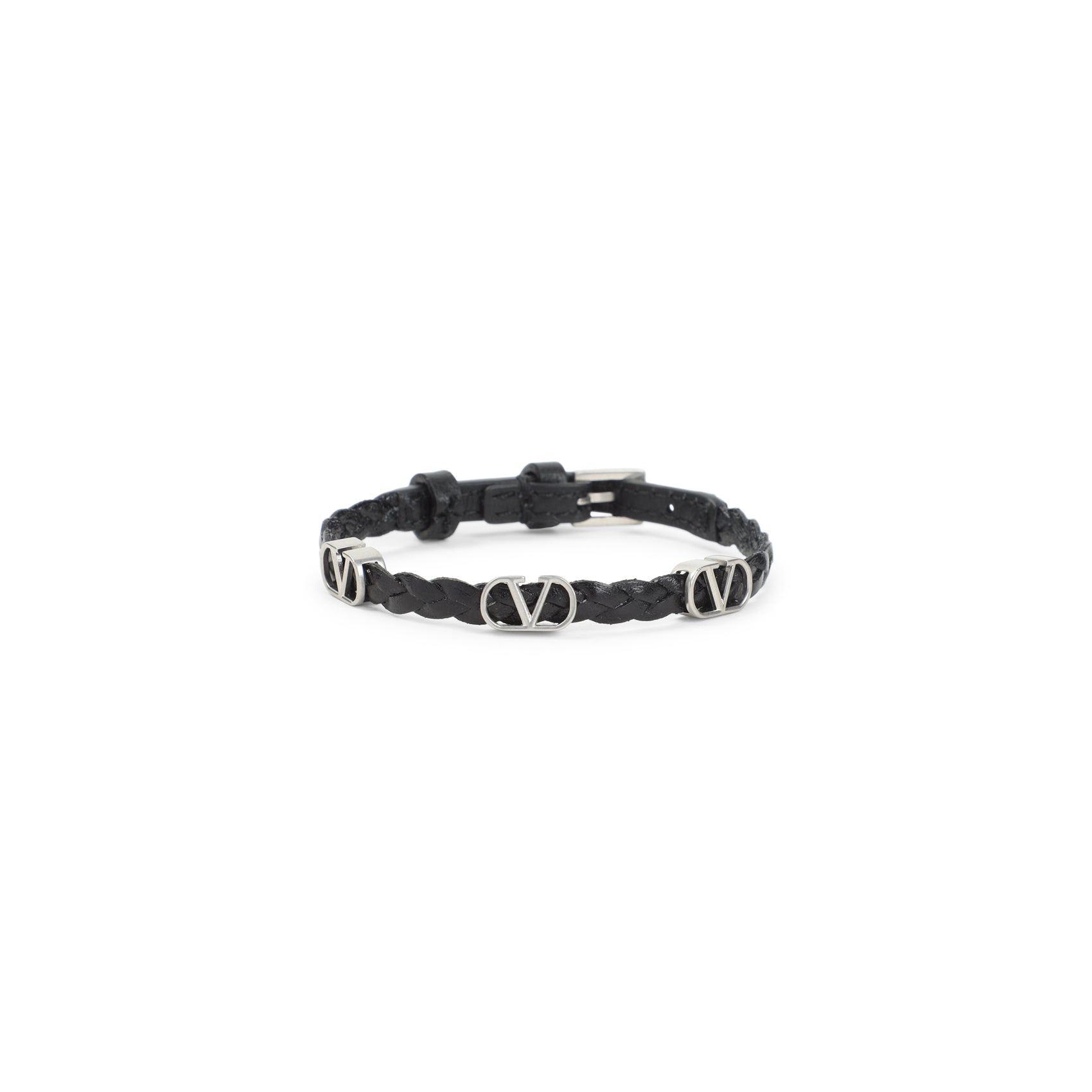 Braided Black Calf Leather Bracelet With Silver Accents