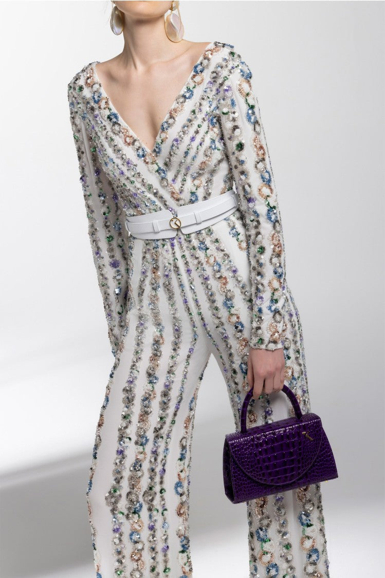 Canton Crepe Beaded Jumpsuit With A Wrapped Top