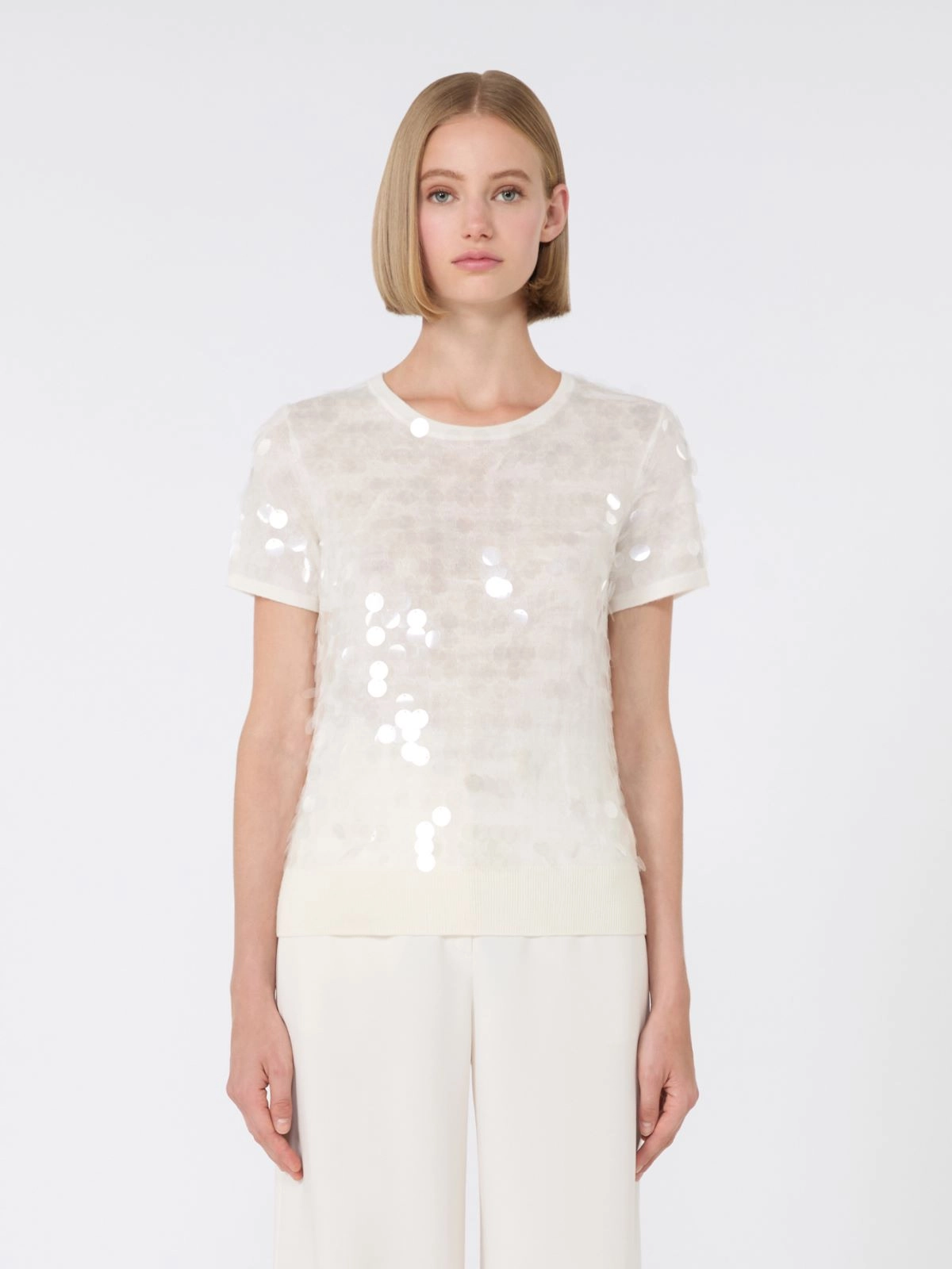 Ivory Short-Sleeved Knit Top With Sequined Accents