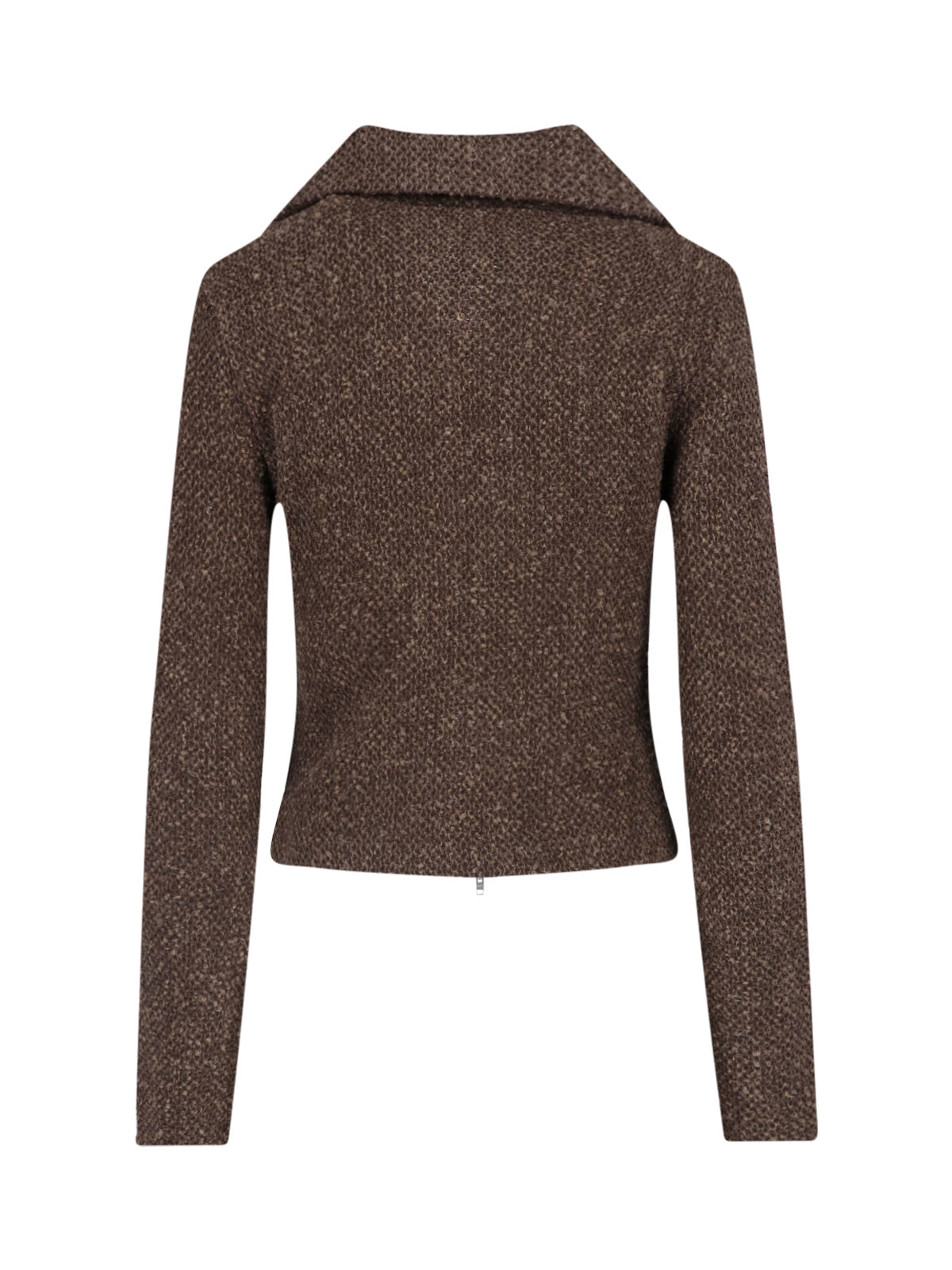 Brown Textured Cropped Zip Sweater