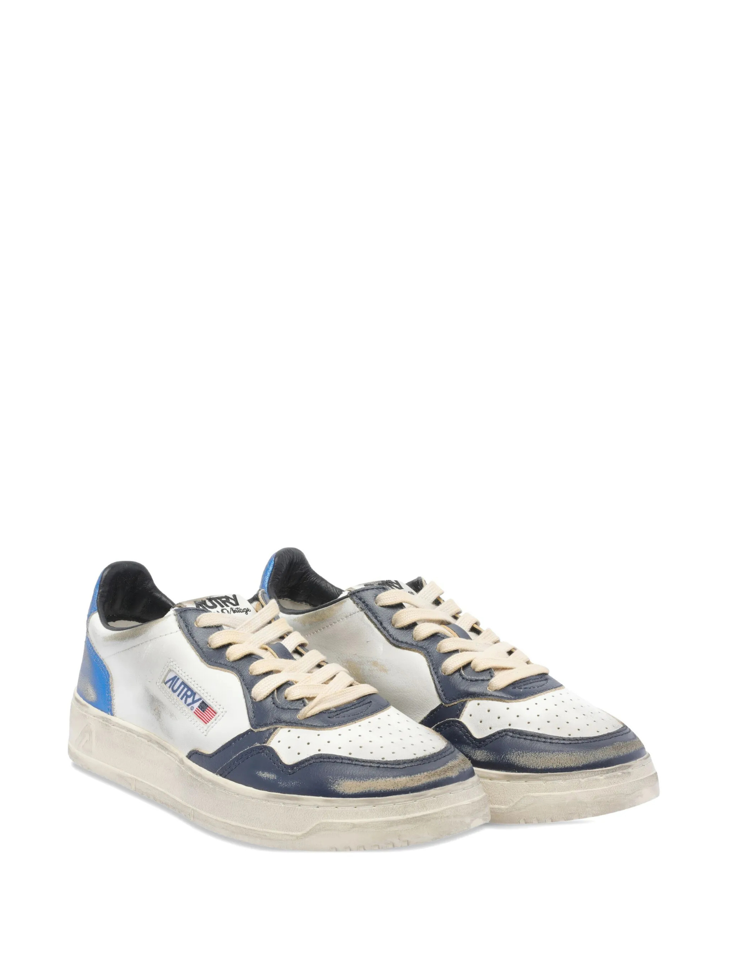 Distressed White Leather Sneakers With Navy Accents