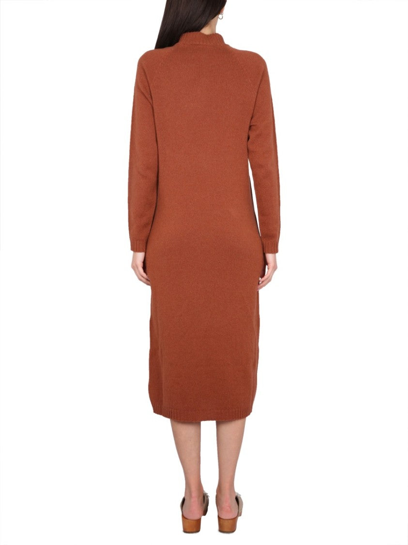 Brown Knit Dress With High Neck