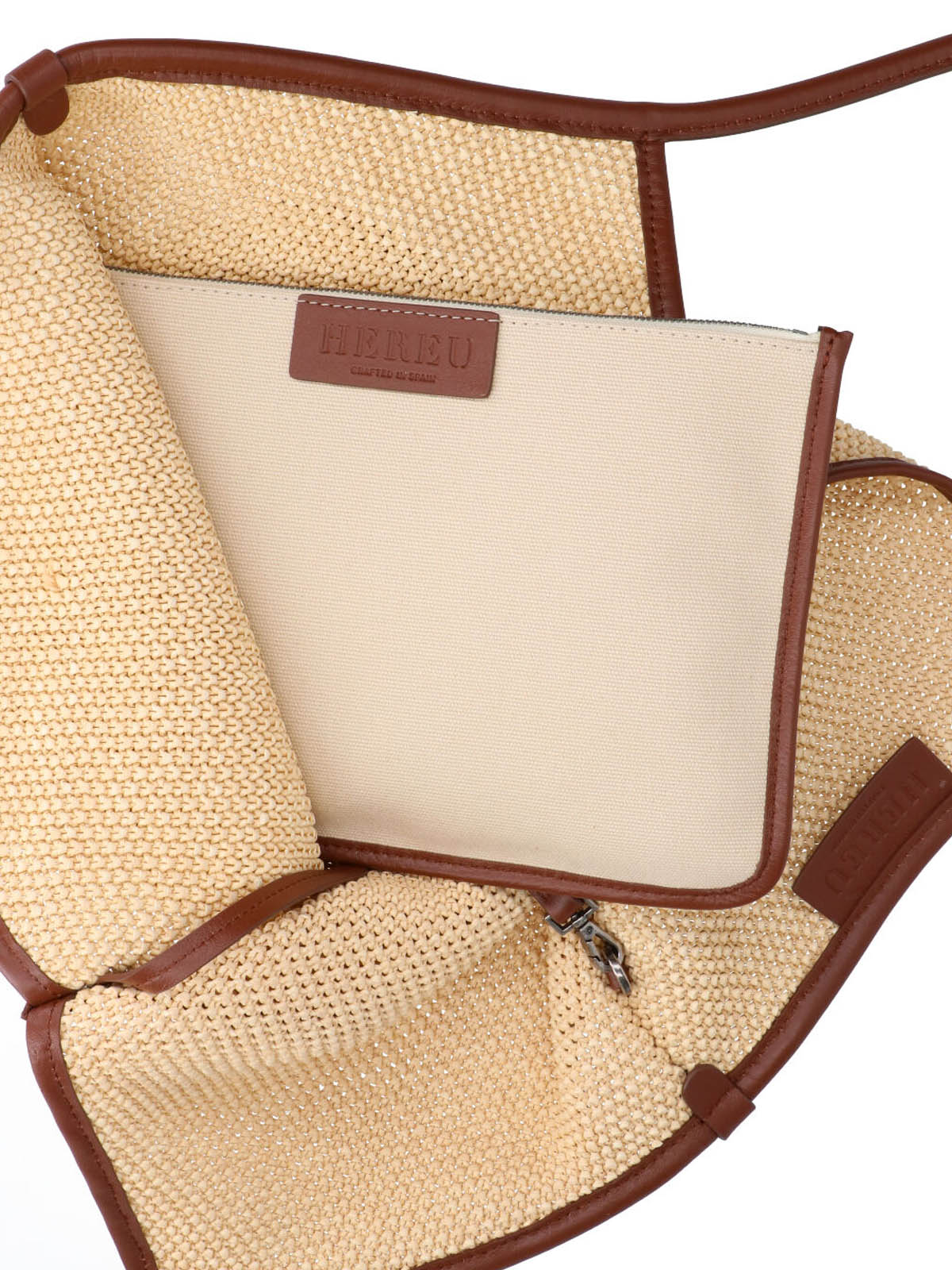 Beige Woven V-Neck Texture Tote Bag