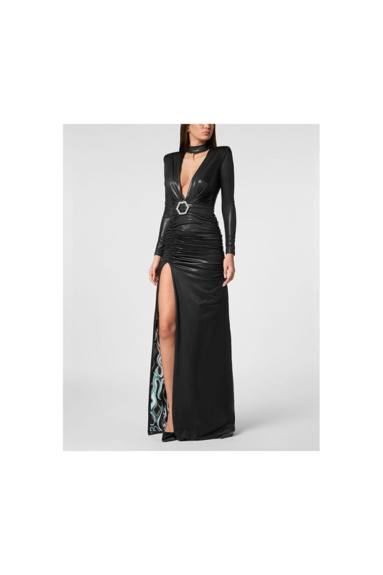 Deep V-Neck Dress With Ruched Waist