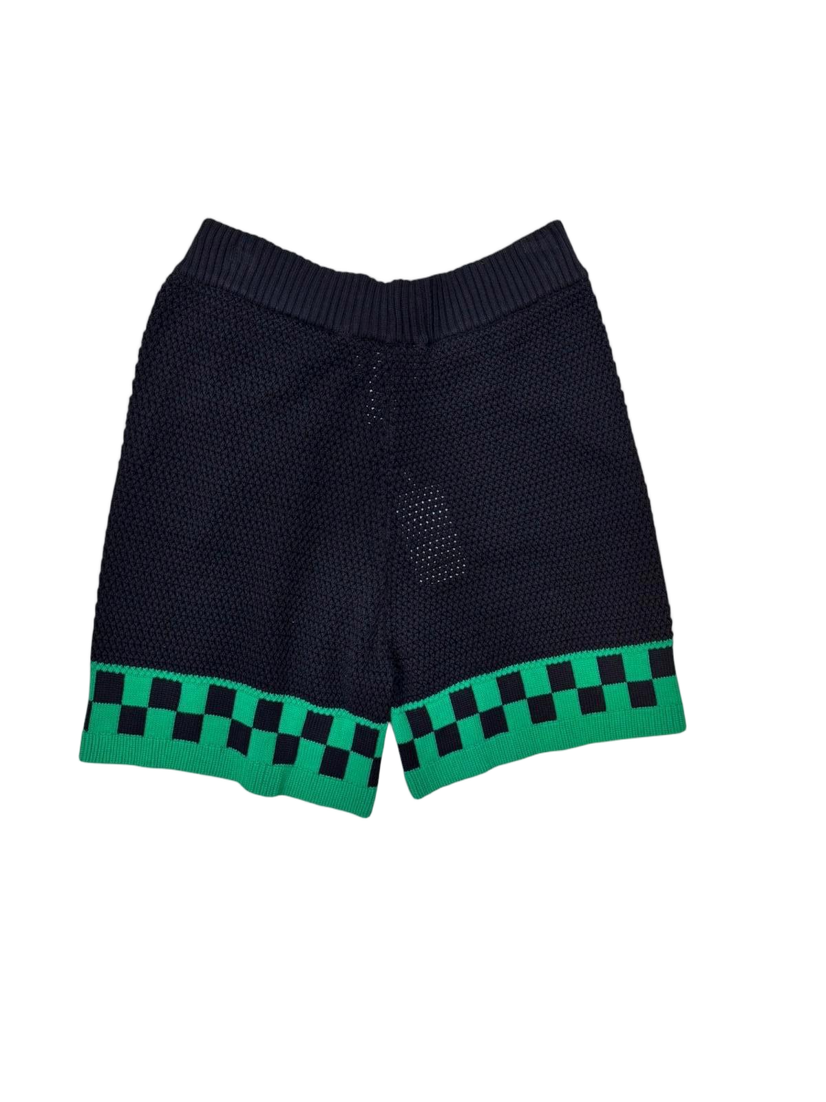 Black Knit Shorts with Green Checkered Hem