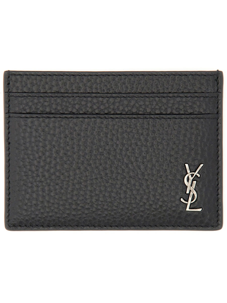 Textured Black Leather Monogram Card Holder