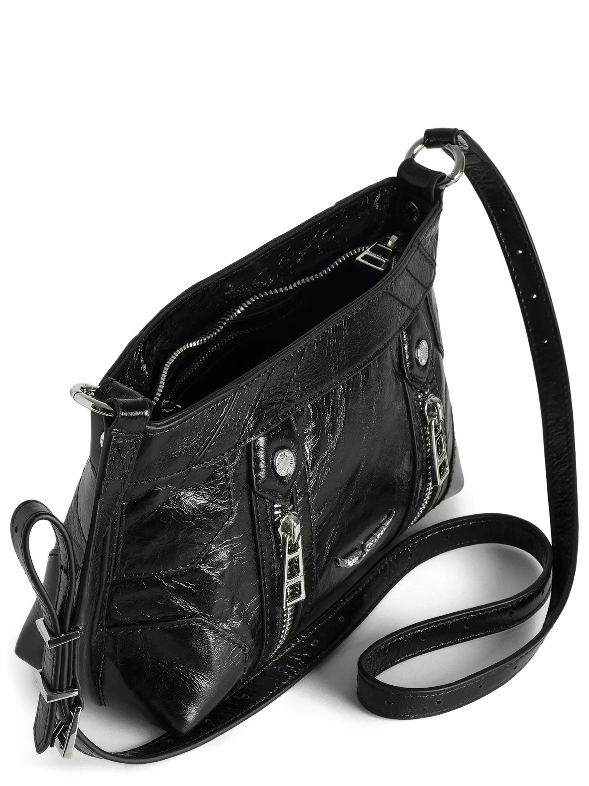 Rectangular Glossy Black Leather Shoulder Bag