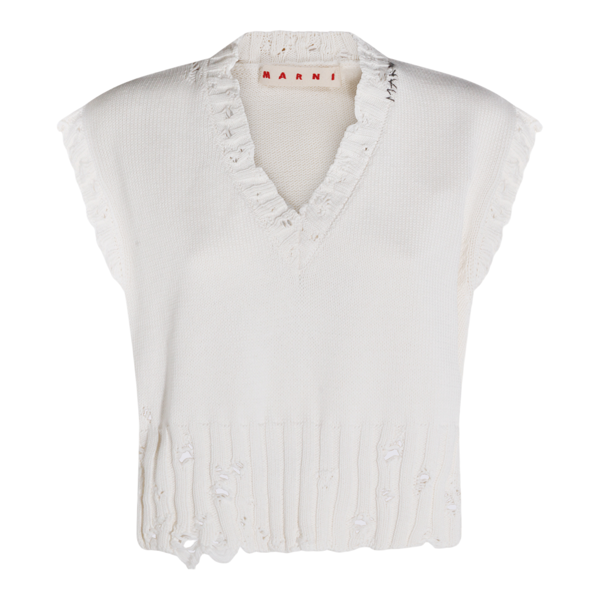 Sleeveless V-Neck Sweater with Ruffled Edges