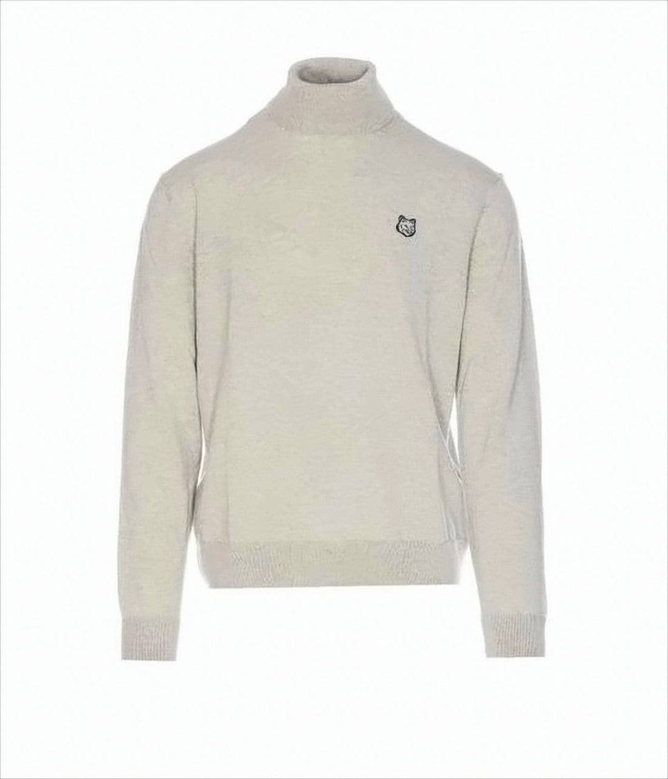 Ribbed Collar Wool Sweater With Embroidered Fox Emblem