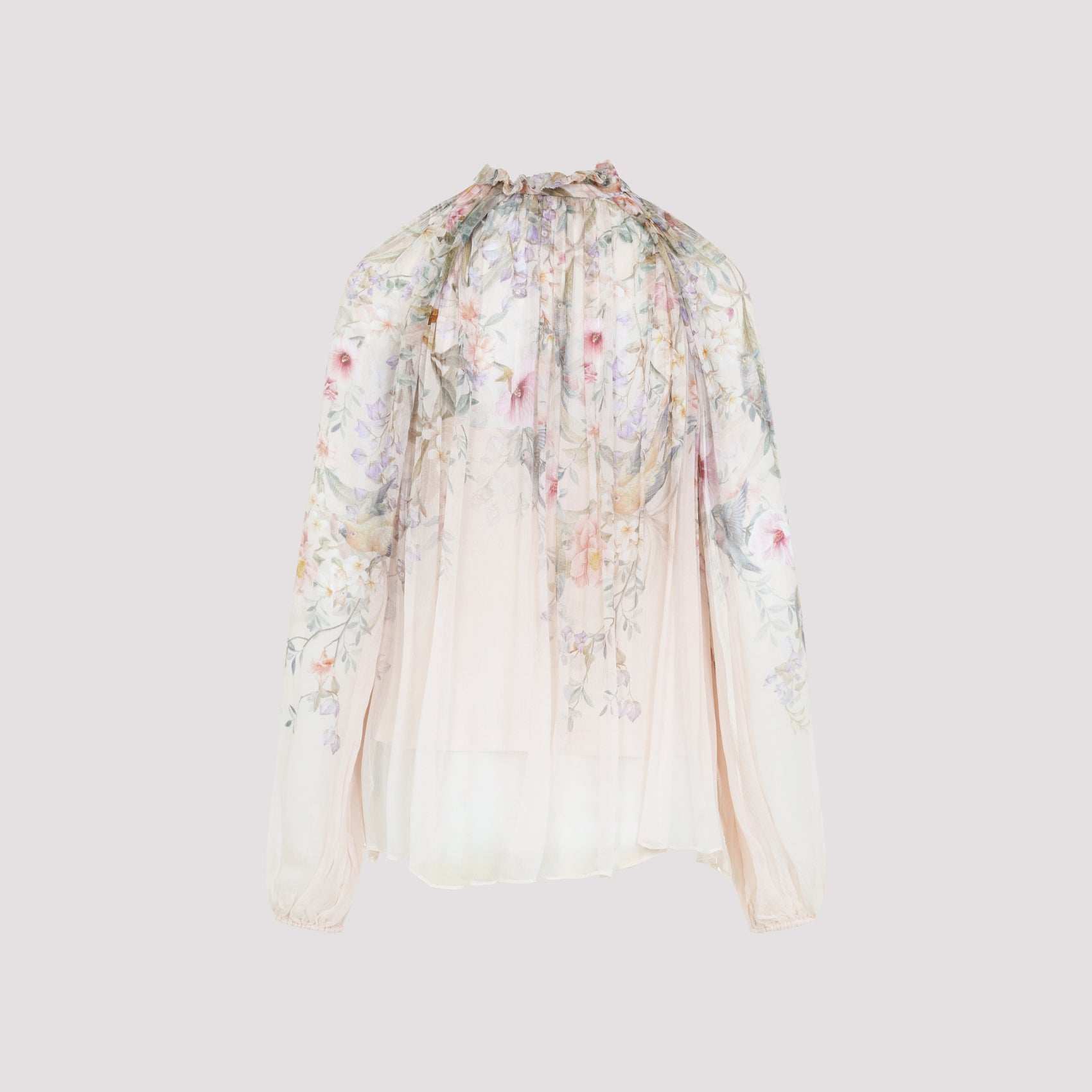 Sheer Floral Print Blouse With Ruffled Neckline