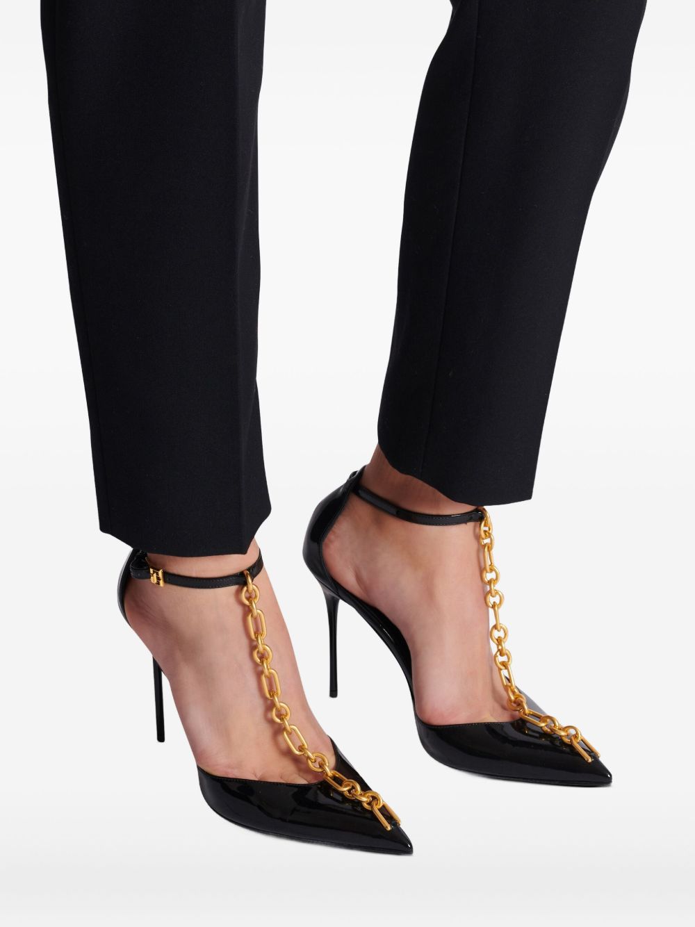 Glossy Pointed-Toe Pumps With Gold Chain Detailing