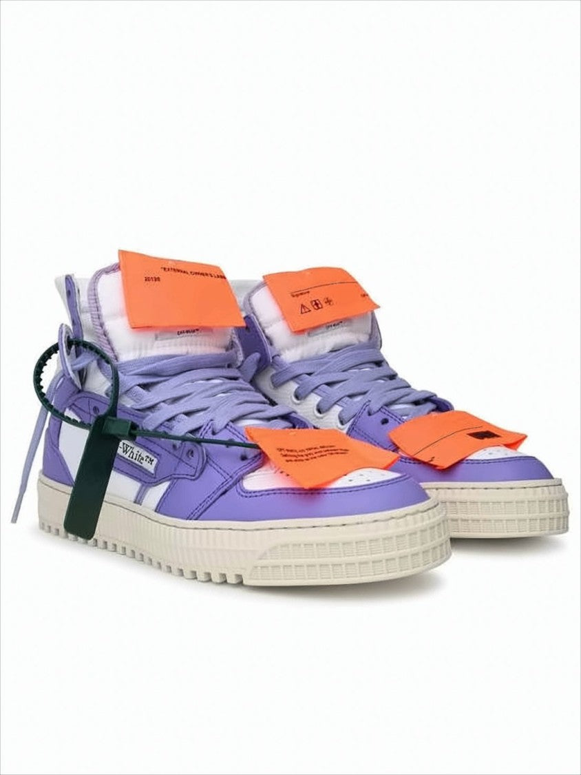 High-Top Off-White Sneakers with Bold Motifs and Unique Accents