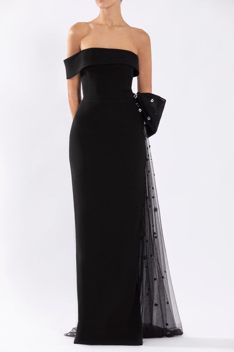 Crepe Off-Shoulder Dress With A Tulle Bow