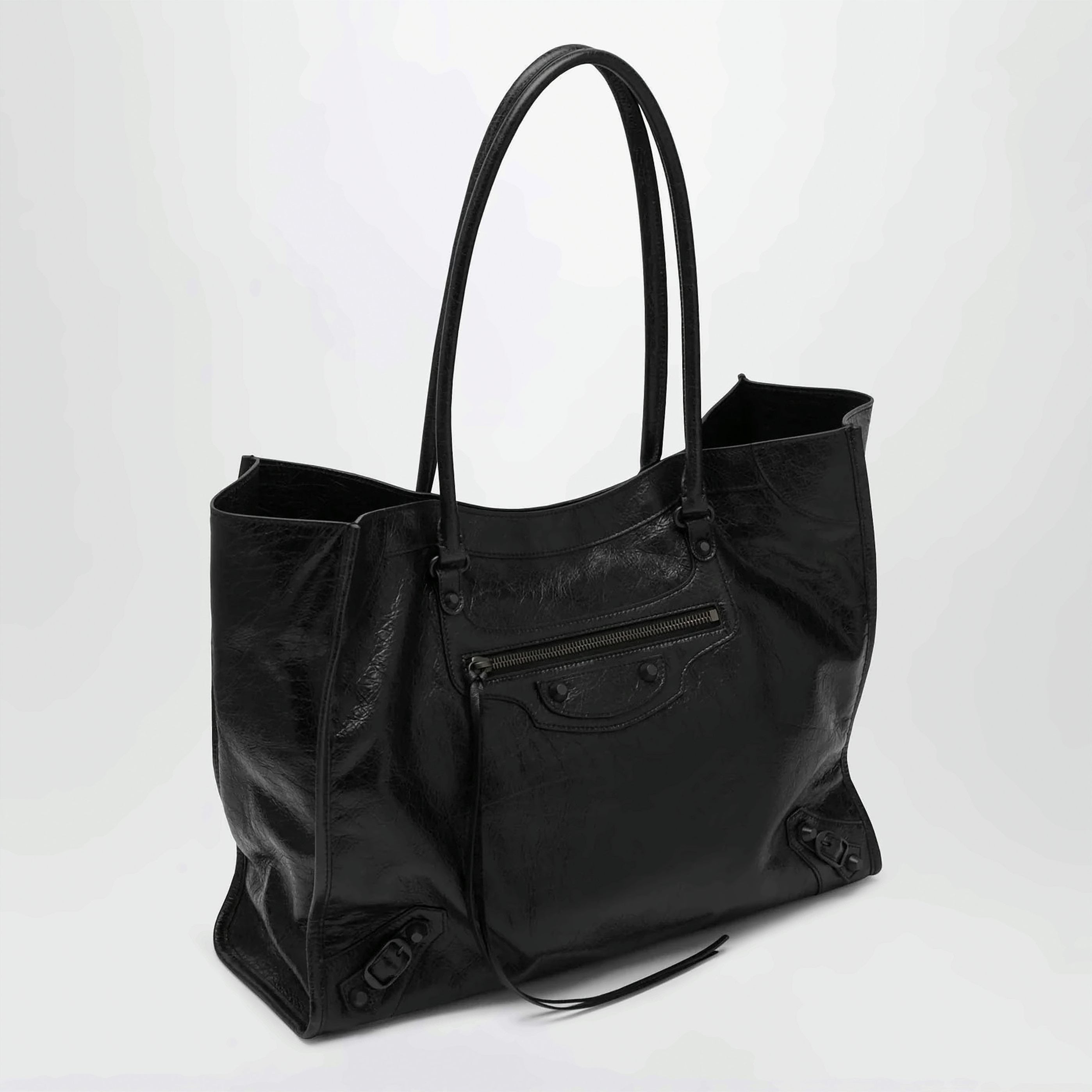 Medium Black Lamb Leather Tote Bag with Glossy Finish