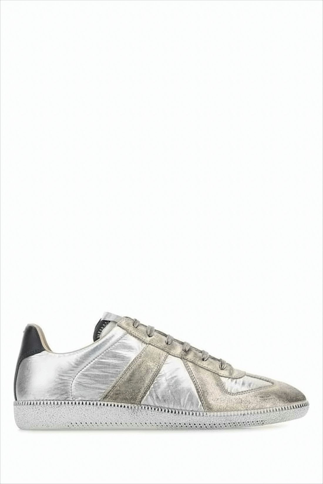 Low-Top Silver Sneakers with Distressed Panels