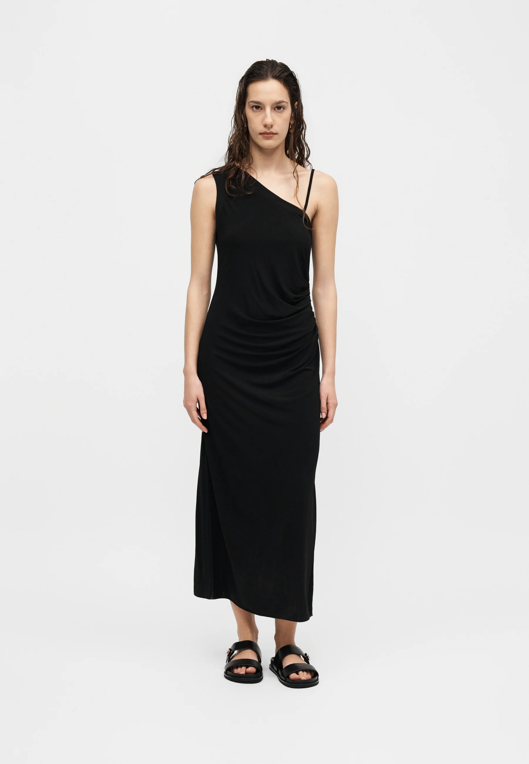 Asymmetrical One-Shoulder Midi Dress with Ruching
