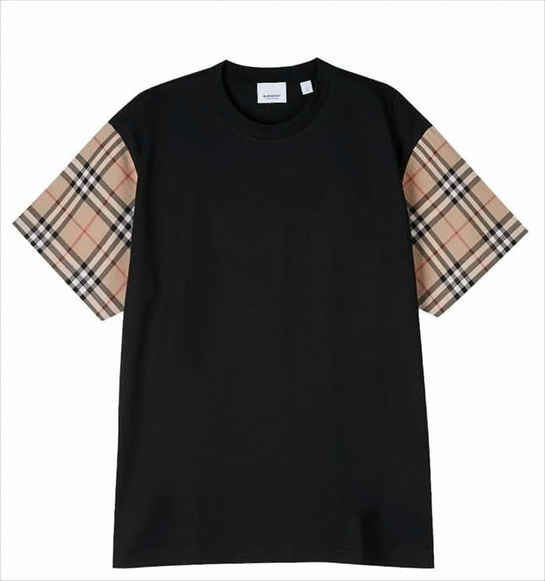 Black T-Shirt With Distinctive Plaid Short Sleeves