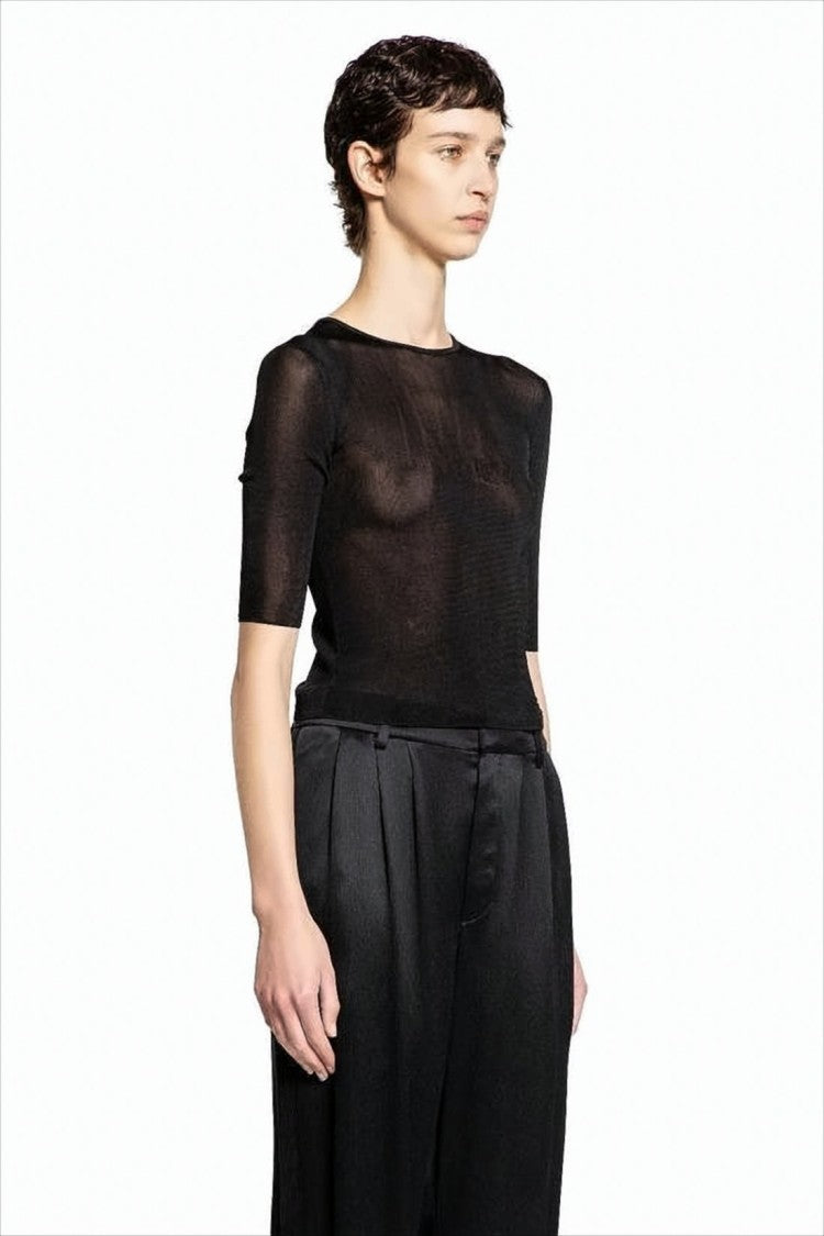 Fitted Semi-Sheer Black Knit Top