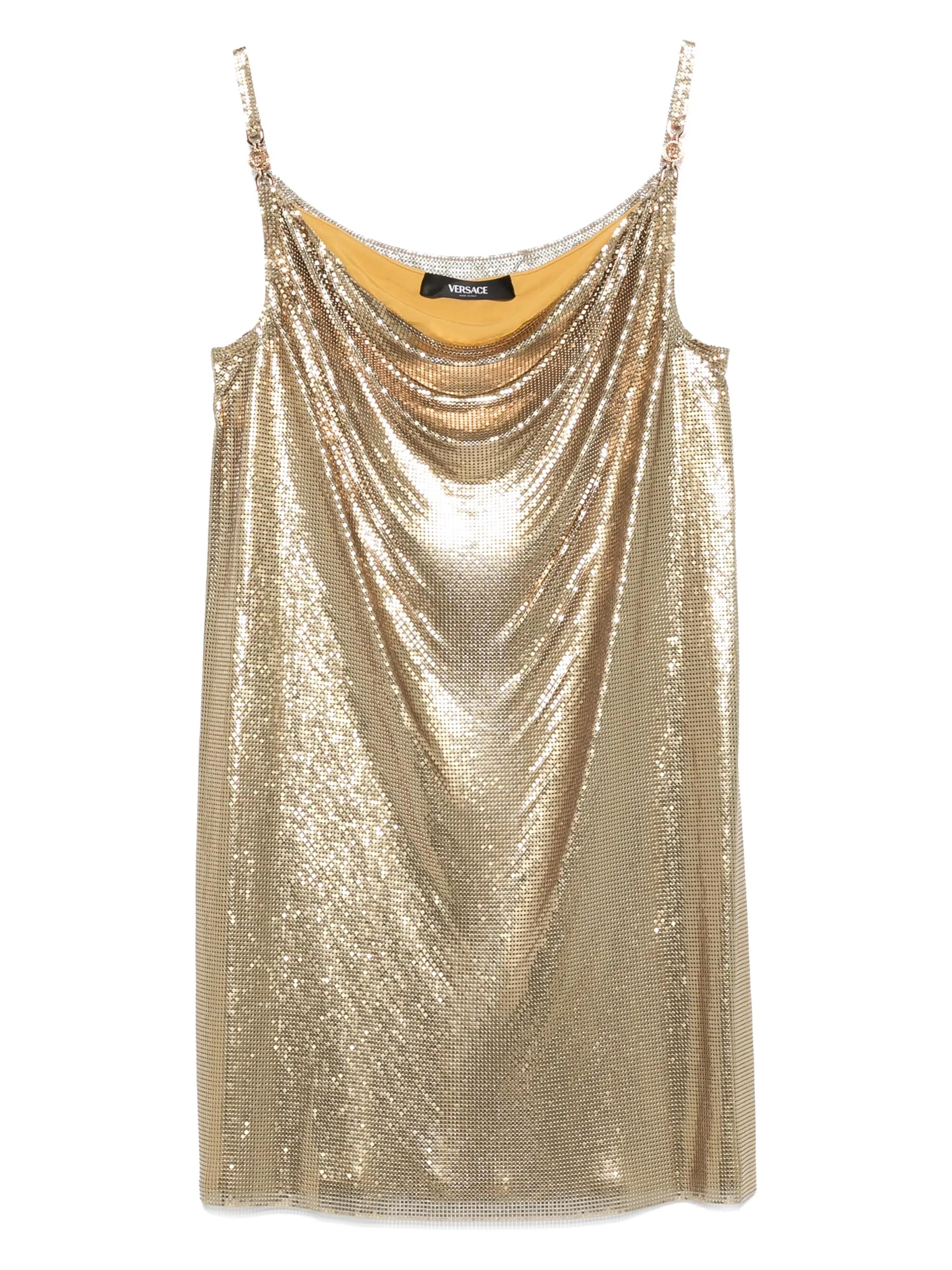 Metallic Mesh Mini Dress with Draped Neckline