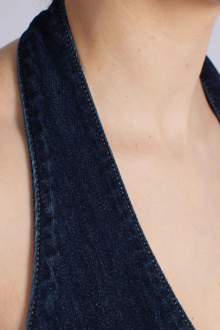 Dark Blue Denim Mini Dress with Halter Neckline