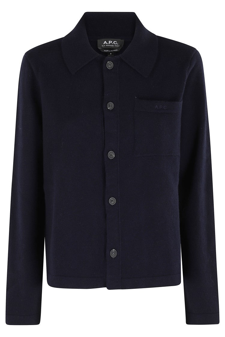 Navy Blue Wool Cardigan With Classic Collar