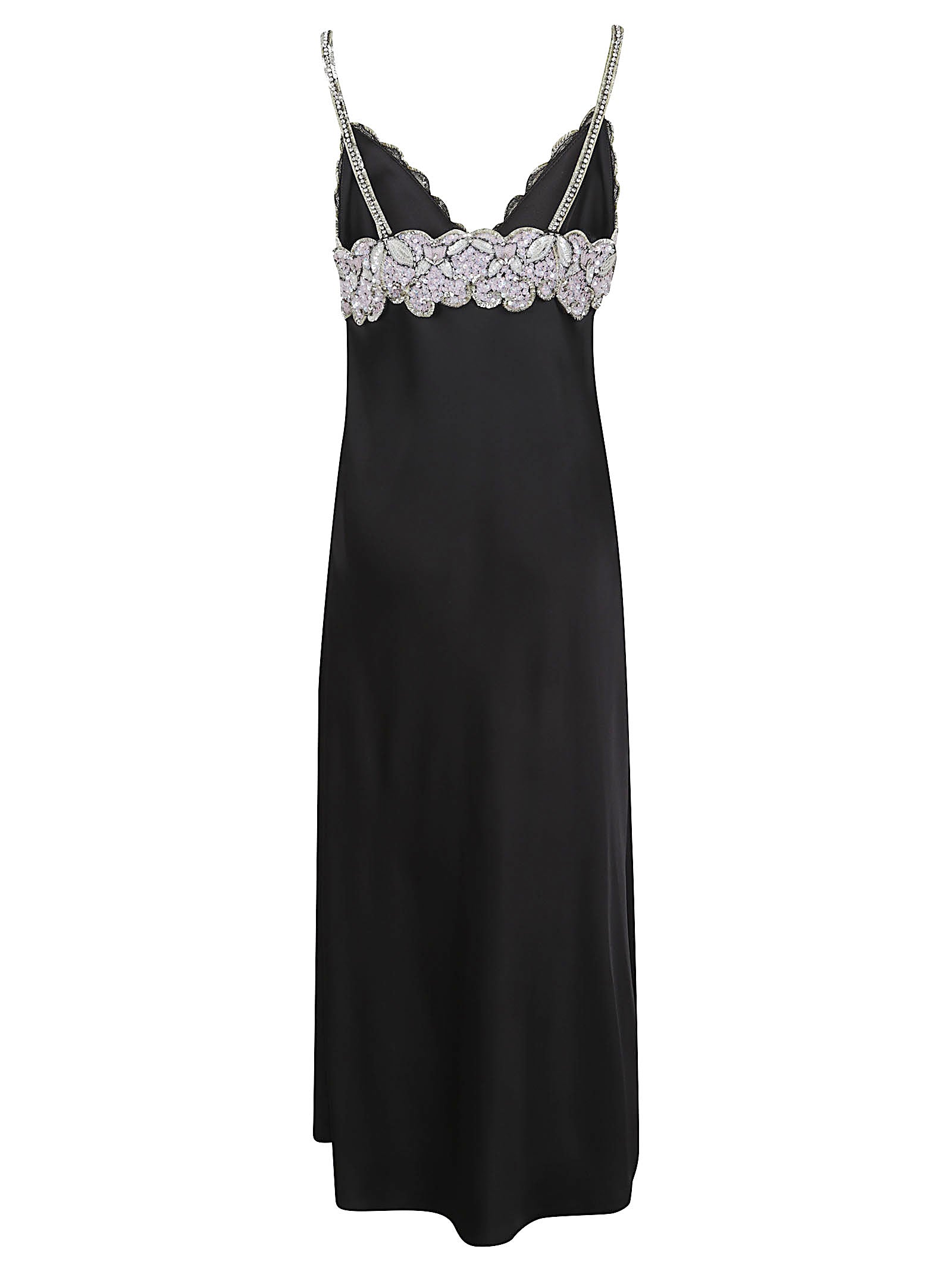 Floral Embellished Black Leather Midi Dress