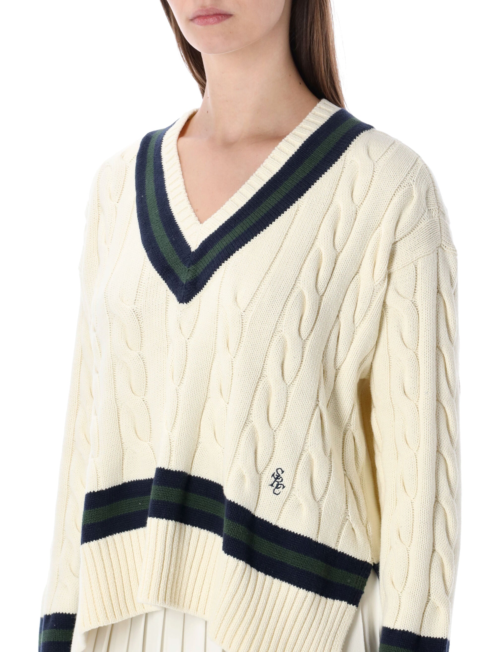 Cotton Cableknit V-Neck Sweater